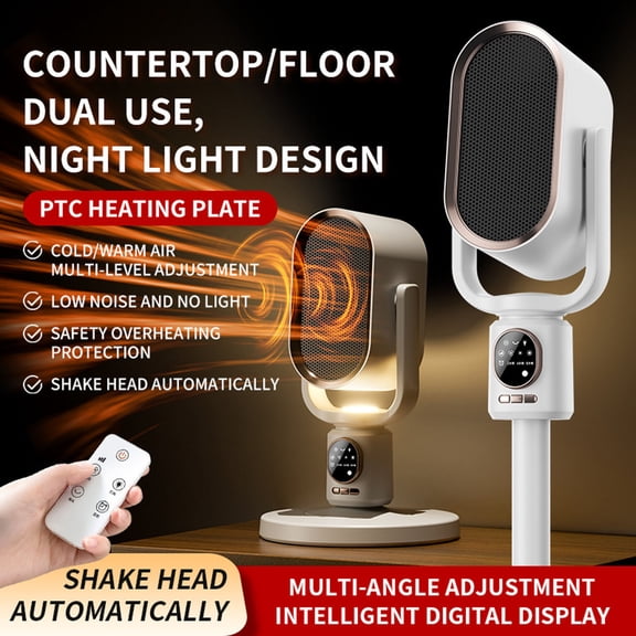 Home Use Oscillating Timer Remote Control Fan Heater,3-Speed Adjustable Desktop and Floor Heating with Night Light,Dual-Use Fan and Heater for Office Bedroom and Living Room Comfort-A