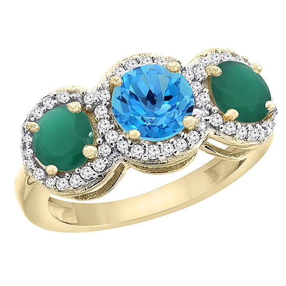 14K Yellow Gold Natural Swiss Blue Topaz & Emerald Sides Round 3-stone Ring Diamond Accents, size 10