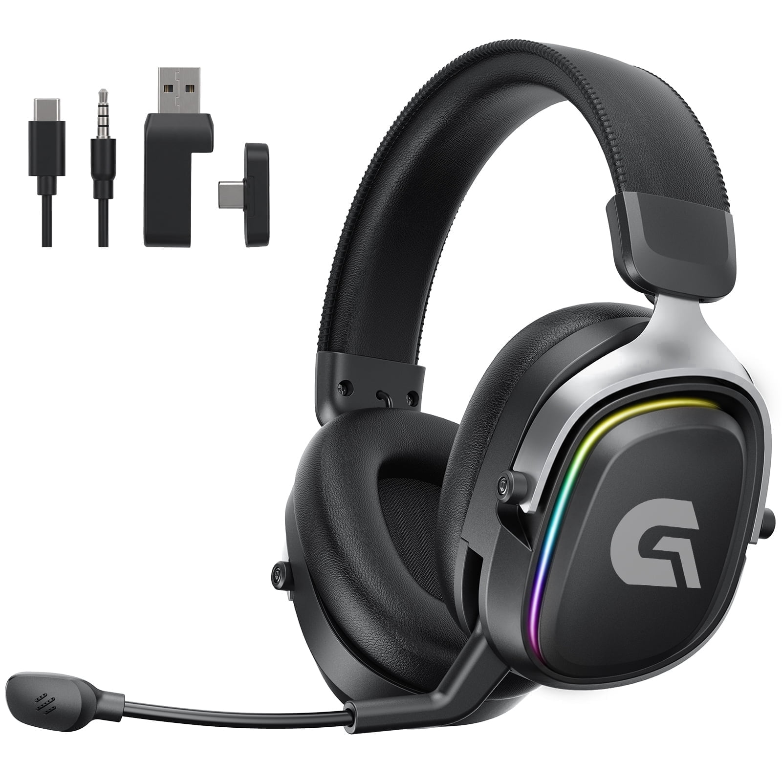 Breynko Wireless Gaming Headset,2.4GHz for PS5/PS4/PC/Switch,3.5mm Wired for Xbox,Bluetooth 5.3 Headphones with Flip-to-Mute Mic,7.1 Surround, RGB Light, Steel Frame,Black