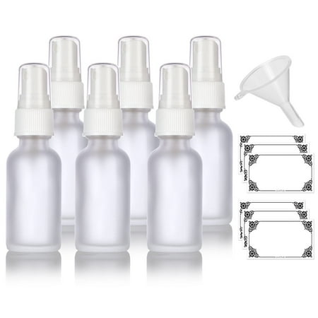 1 oz Frosted Clear Glass Boston Round White Fine Mist Spray Bottle (6 pack) + Funnel and Labels for essential oils, aromatherapy, food grade, bpa