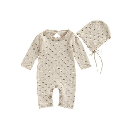 

Nokpsedcb Baby Girl Knit Sweater Romper with Hats Long Sleeve Ruffle Bodysuit Hollow Out Solid Jumpsuit Overalls Winter Clothes Beige Apricot 12-18 Months