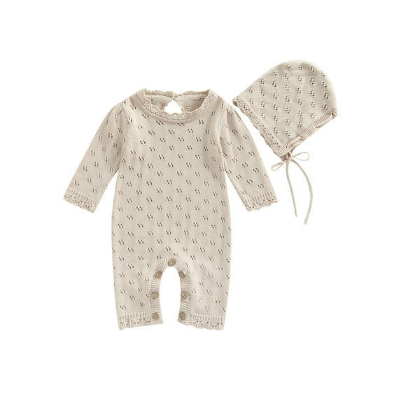 Franhais 2 Pieces Baby Girl Boy Outfit, Solid Color Hollow Out Knitted Long Sleeve Jumpsuit + Hat