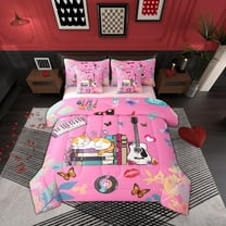 Manfei Colorful Electric Guitar Twin Bedding Sets 7-Piece,Cute Pet Cat Bedding Comforter Set,Butterfly Electronic Keyboard Sheet Sets For Girls,Microfiber Bedroom Decor,Reversible