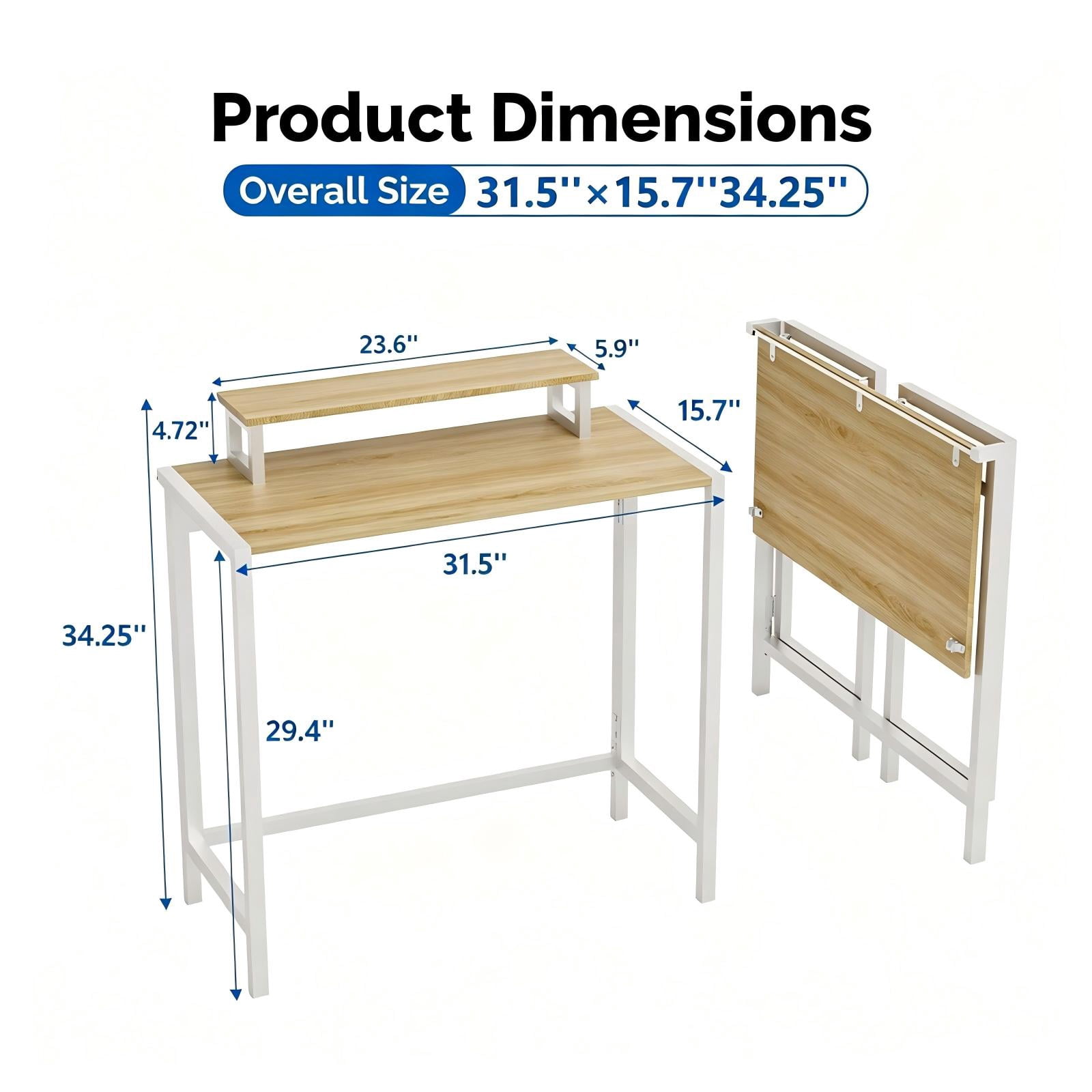 Astoutdoor Folding Computer Desk with Shelf and RGB Lighting, 31.5 in, Teak and White
