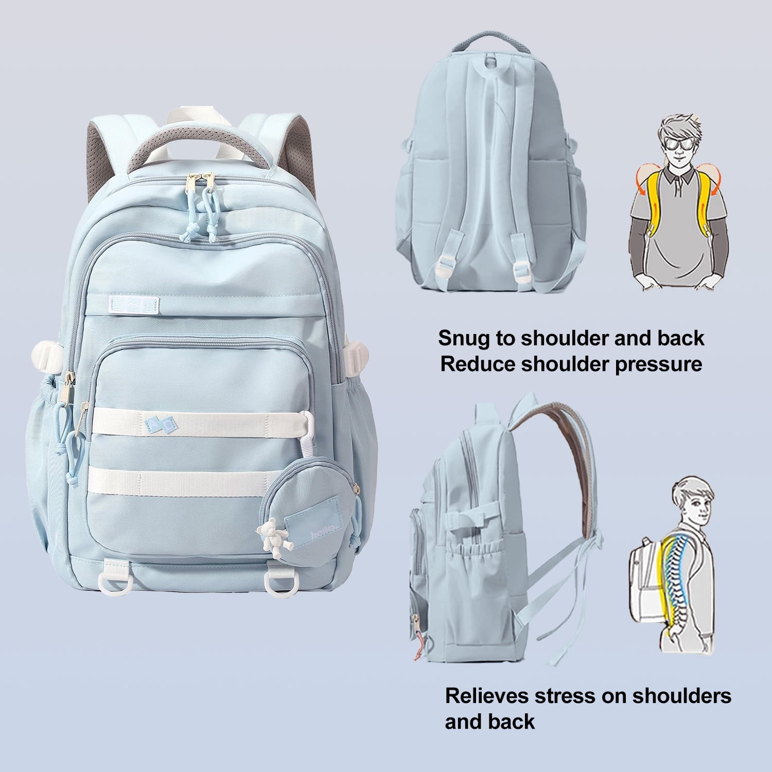 DAKIMOE Large School Backpack for Girls Boys Lightweight Spacious Kids Bookbag with Multiple Pockets for Middle School College, Blue