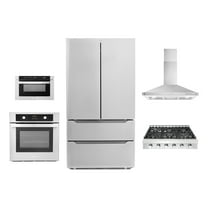 5 Piece Kitchen Package With 36" Slide-In Gas Cooktop 36" Wall Mount Range Hood 24" Single Electric Wall Oven 24" Built-In Microwave Drawer & French Door Refrigerator