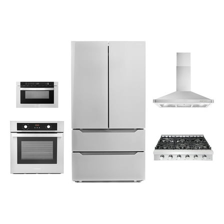 5 Piece Kitchen Package With 36" Slide-In Gas Cooktop 36" Wall Mount Range Hood 24" Single Electric Wall Oven 24" Built-In Microwave Drawer & French Door Refrigerator