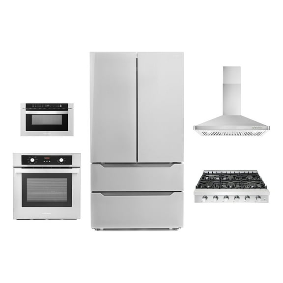 5 Piece Kitchen Package With 36" Slide-In Gas Cooktop 36" Wall Mount Range Hood 24" Single Electric Wall Oven 24" Built-In Microwave Drawer & French Door Refrigerator
