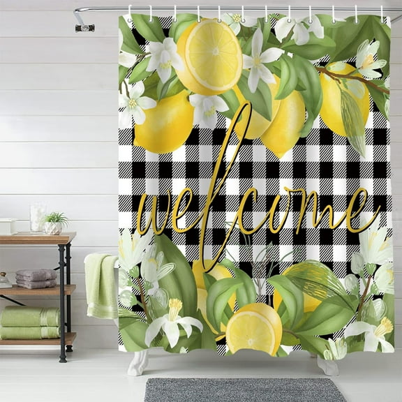 Welcome Lemon Buffalo Plaid Shower Curtain, Black White Summer Fruit Shower Curtain Set with Hooks, Waterproof Fabric Shower Curtains for Bathroom Decor, 36x72 Inch Bath Curtain