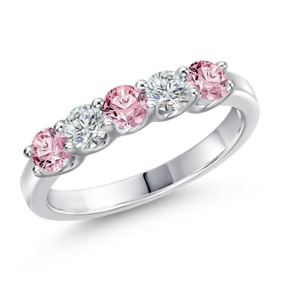 Gem Stone King 925 Sterling Silver Pink and White Lab Grown Diamond Wedding-Bands Ring for Women | 0.88 Cttw | Round 3.5MM | Gemstone April Birthstone | Size 6