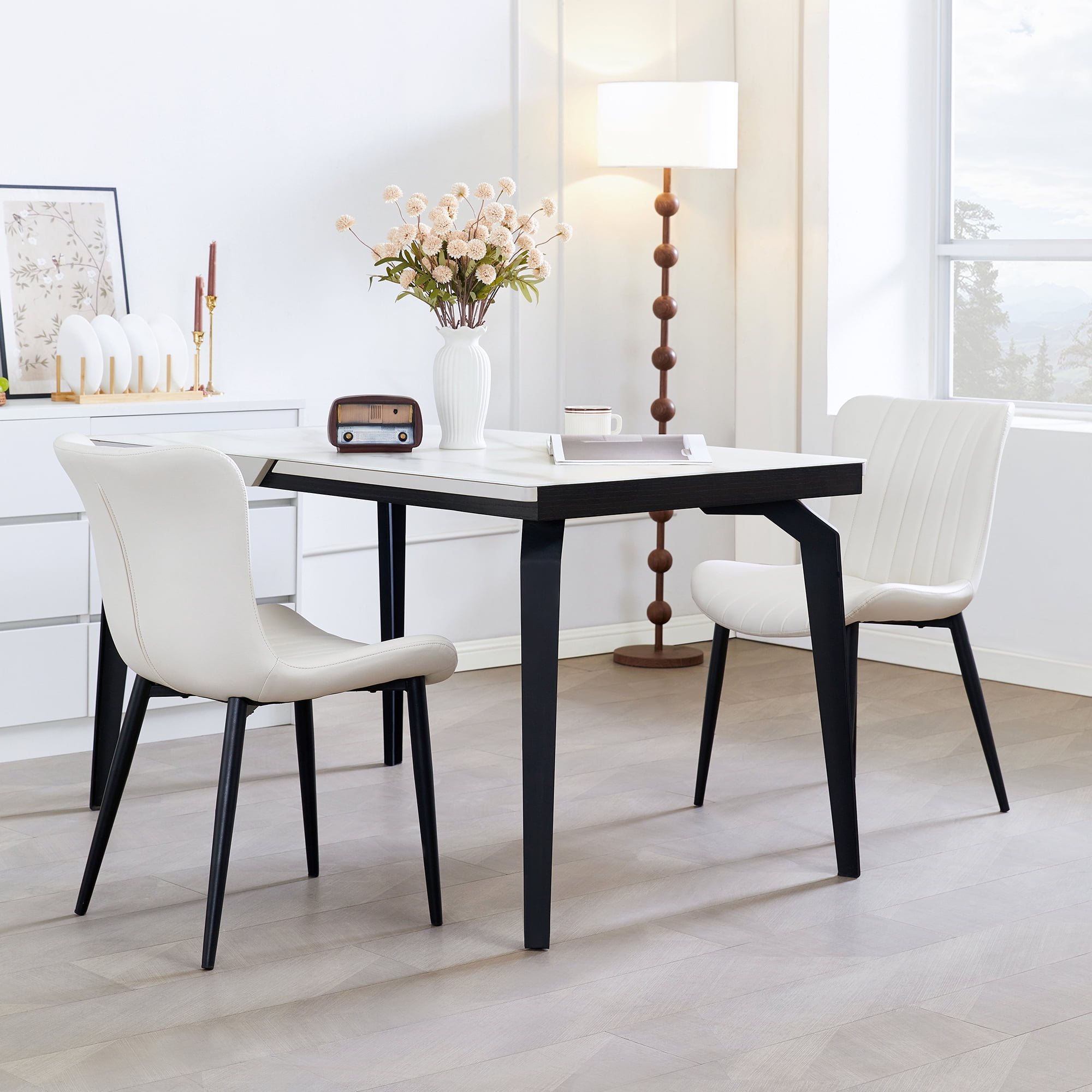 Euroco Mid-Century Modern Dining Chairs Set of 2, Accent Chairs with Curved Back and Iron Frame, Kitchen Side Chairs for Bedroom, Living Room,Dining Room,Cream White