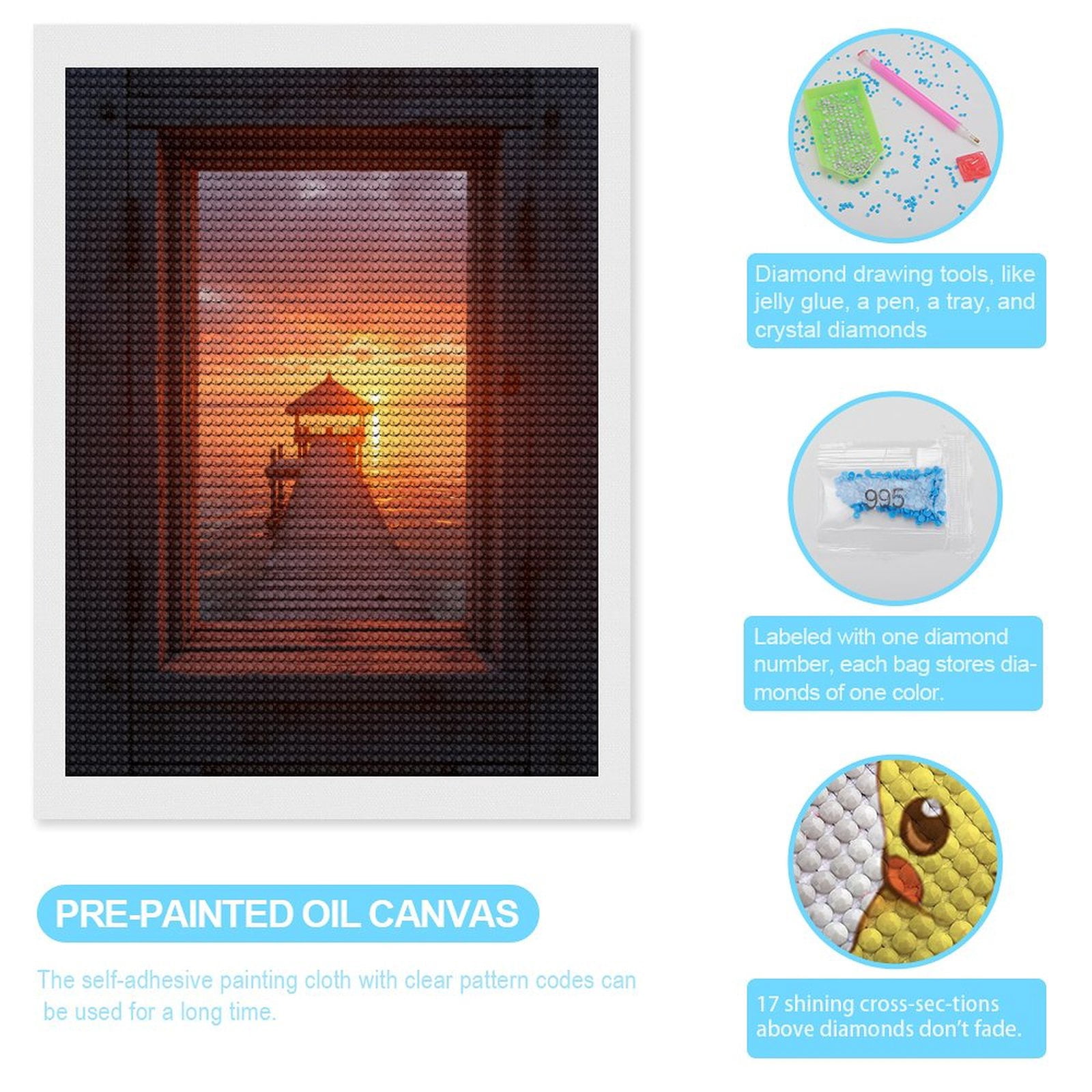 Diamond Art Kits for Adults, Dock Sunset Wooden Framed View 5D Diamond Painting Kits for Adults Beginners, DIY Full Drill Diamond Painting, Gem Art and Crafts 12x16