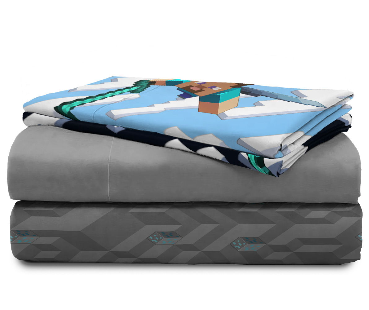 Minecraft Day And Night Gray Kids Full Bed Sheet Set, Gaming Bedding