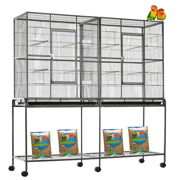 Extra Large Double Center Divider Flight Bird House Breeding Cage Canary Parakeet Cockatiel Lovebird Finches, Side Nest Doors with Removable Rolling Stand