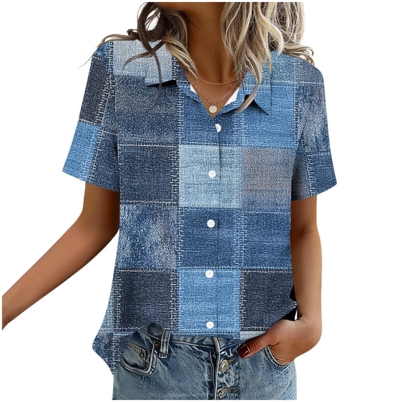 THDHVS Short Sleeve Tops for Women,Women Loose Fits Camp Shirt Random Print Short Sleeve Button Down Casual,Womens Shirts Blue S