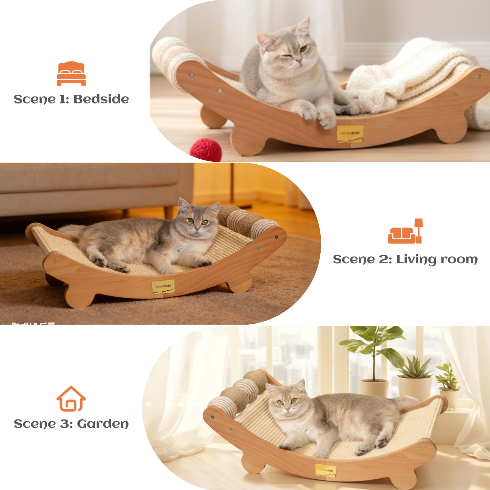 CheerPals Cat Scratcher Pad with Toy Balls, 27x14in Solid Wood Scratching Bed, Sisal Cats Chair Hammock Lounge for Indoor Cat