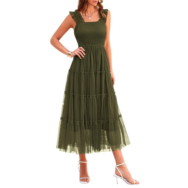 Vestido PRETTYGARDEN de tul midi sin mangas con fruncido verde militar M