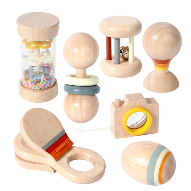 Juego de sonajeros de madera WODI para bebés de 0 a 3 a 6 meses con bolsa, 7 unidades