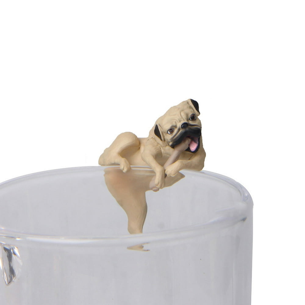 Realistic Mini Pug Dog Figurine Hanging on Cup Rim DIY Fairy Garden Accessory
