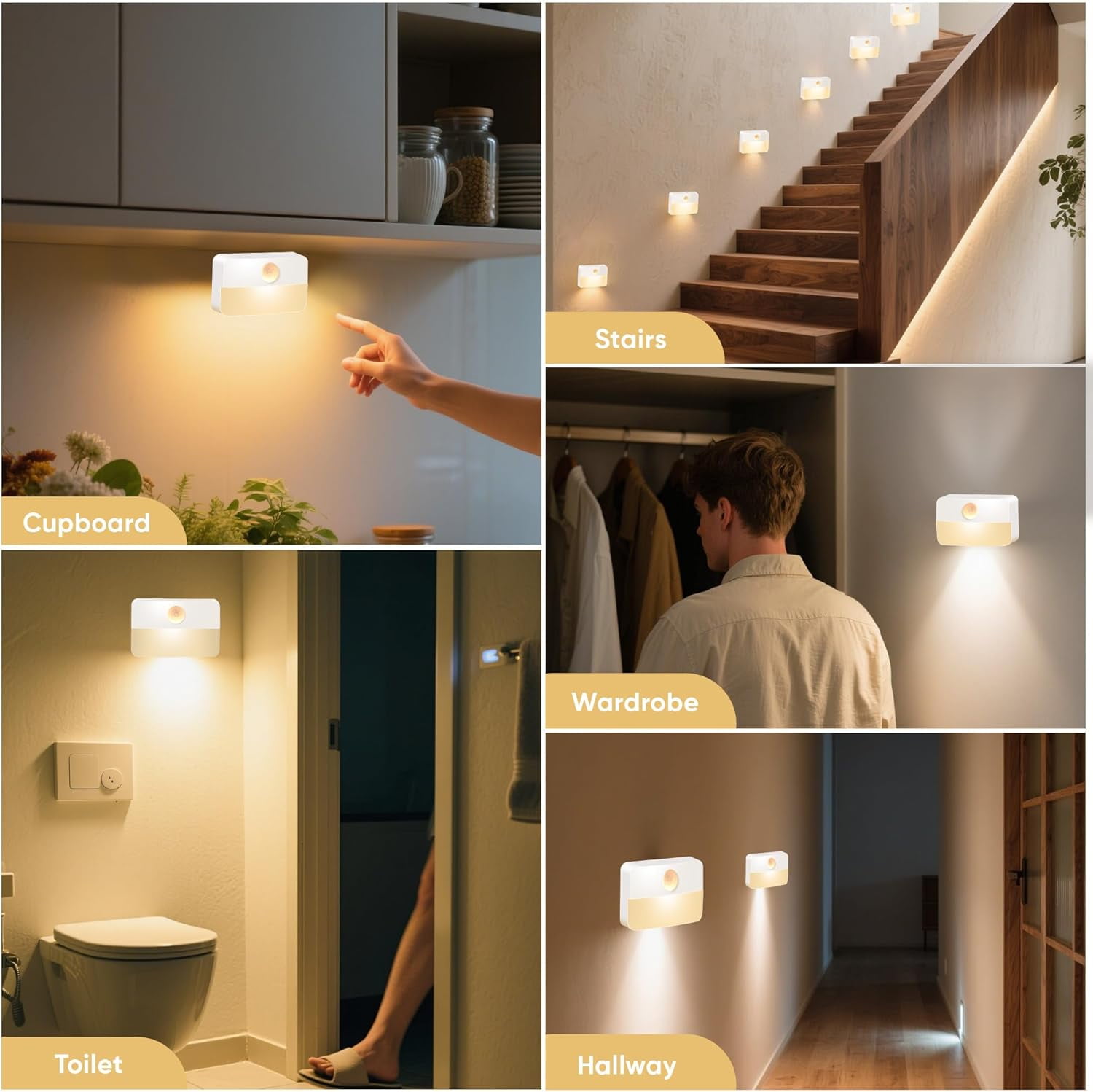6 Pack Motion Sensor Night Light for Indoor:Battery Operated Stair Lights LED 3000k Step Lights - Motion Sensor Lamp for Cabinet Closet Hallway Bedroom Stairs (Battery Powered)