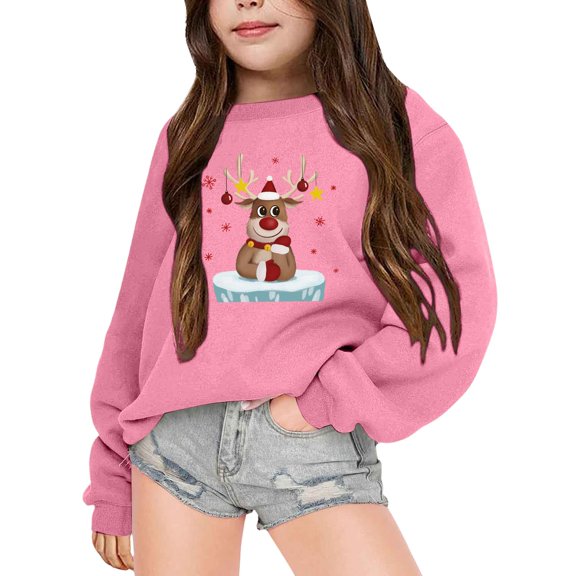 Autumn Winter Festive Reindeer Design Crewneck Hoodie for Boys and Girls - Christmas Celebration Warm Sweatshirt in Black