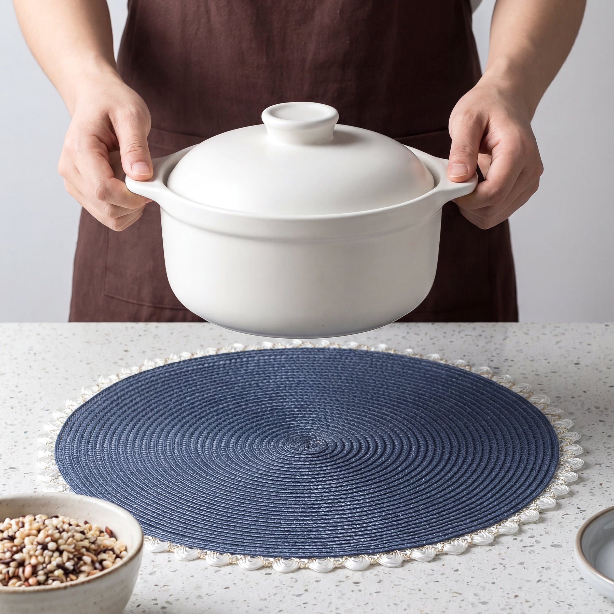 Unique Bargains Round Placemats Set of 6 Woven Table Mats Navy Blue 15.7x15.7inch