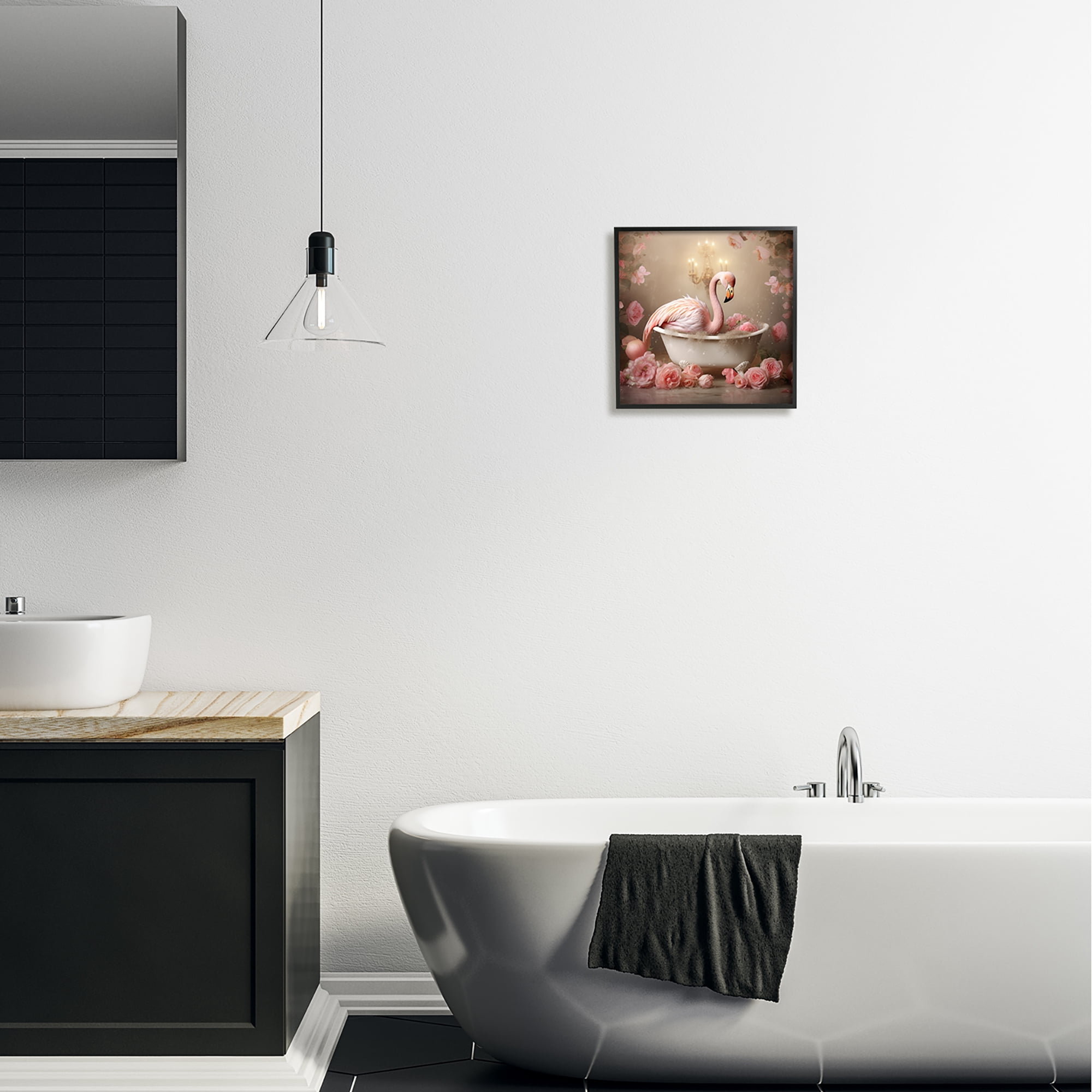 Stupell Industries Flamingo in Rose Filled Tub Animals & Insects Painting Black Framed Art Print Wall Art, 12 x 12