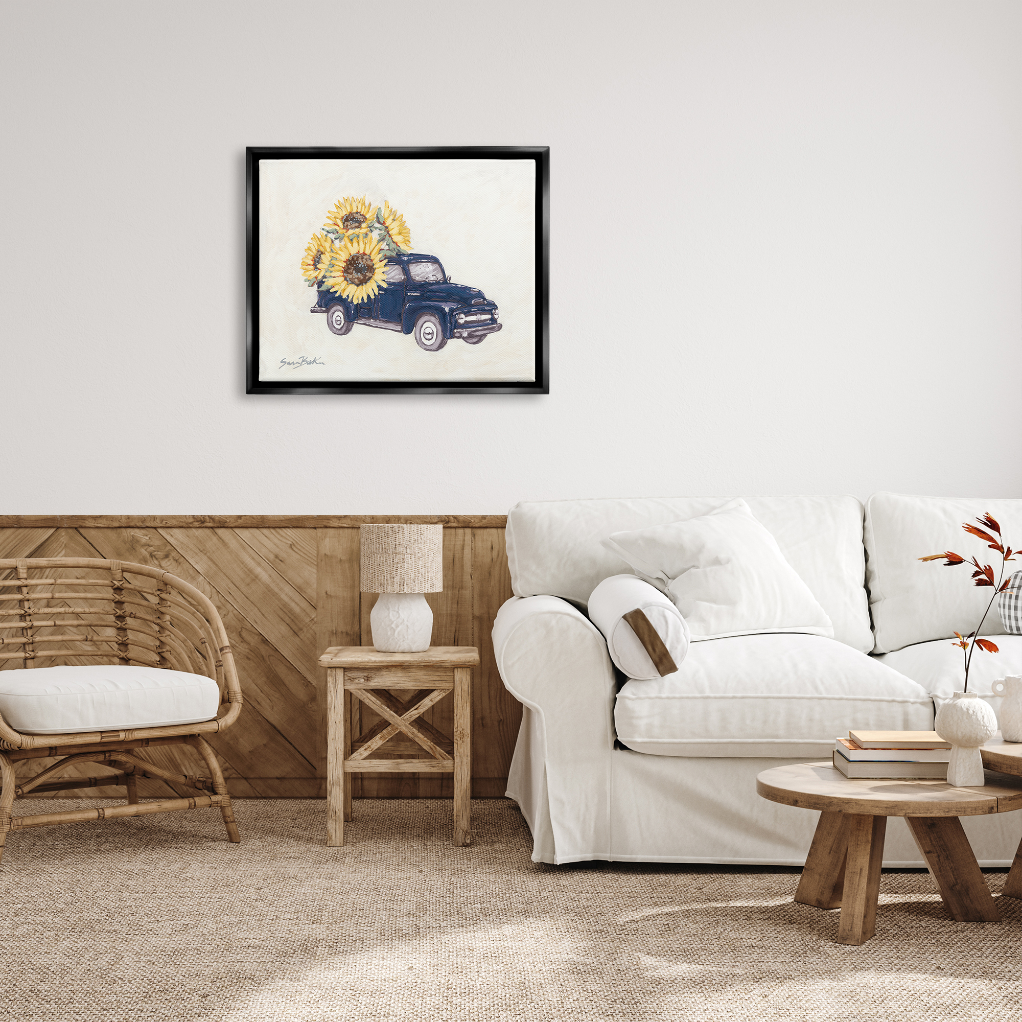 Stupell Industries Country Truck with Sunflowers Botanical & Floral Painting Black Floater Framed Art Print Wall Art, 31 x 25