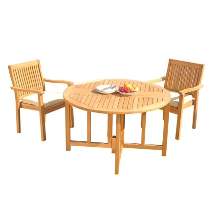 Grade-A Teak Dining Set: 2 Seater 3 Pc: 48" Round Butterfly Table And 2 Leveb Stacking Arm Chairs Outdoor Patio WholesaleTeak #51LV0903