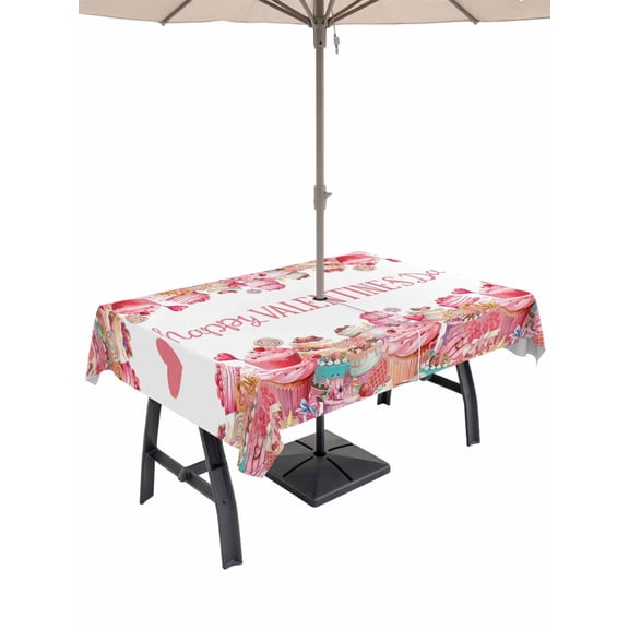 Outdoor Tablecloth with Umbrella Hole and Zipper, Valentine's Day Rectangle Table Cloth 54x80 Inch Waterproof Tablecloth, Spring Watercolor Cake Pink Red Picnic Table Cover for Patio Camping