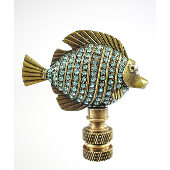 Tropical Fish Lamp Finial with Aegean Blue Glass Antique Brass Finish 2.25"h