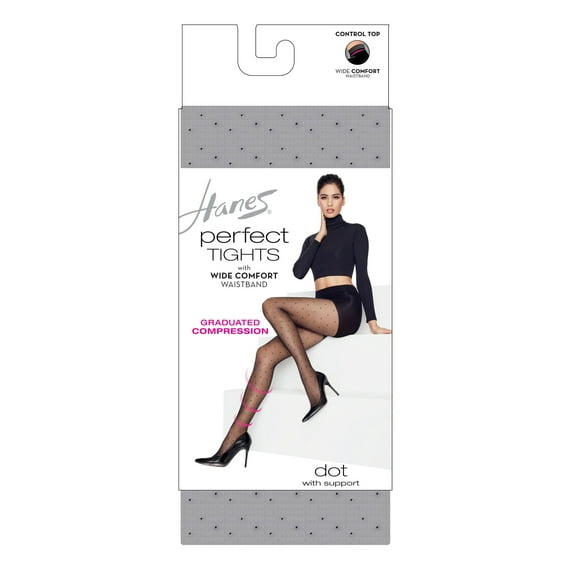 Hanes Women Perfect Tights Compression Dot Premium Control Top Wide Comfort Band