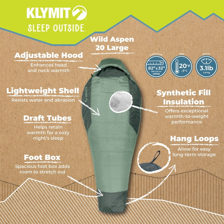 Klymit Wild Aspen 20 Degree Mummy Sleeping Bag, 3-Season