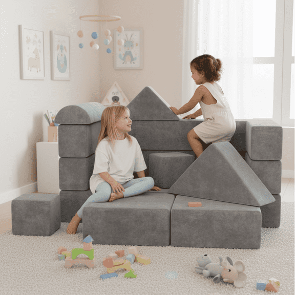 iYofe Kids Couch Sofa, 12PCS Modular Play Couch Set with 8 Shapes, Foldable Toddler Couch Bed with Button Design, Convertible Foam Floor Sofa for Playroom, Fort Building Set for Boys Girls 3-6, Gray