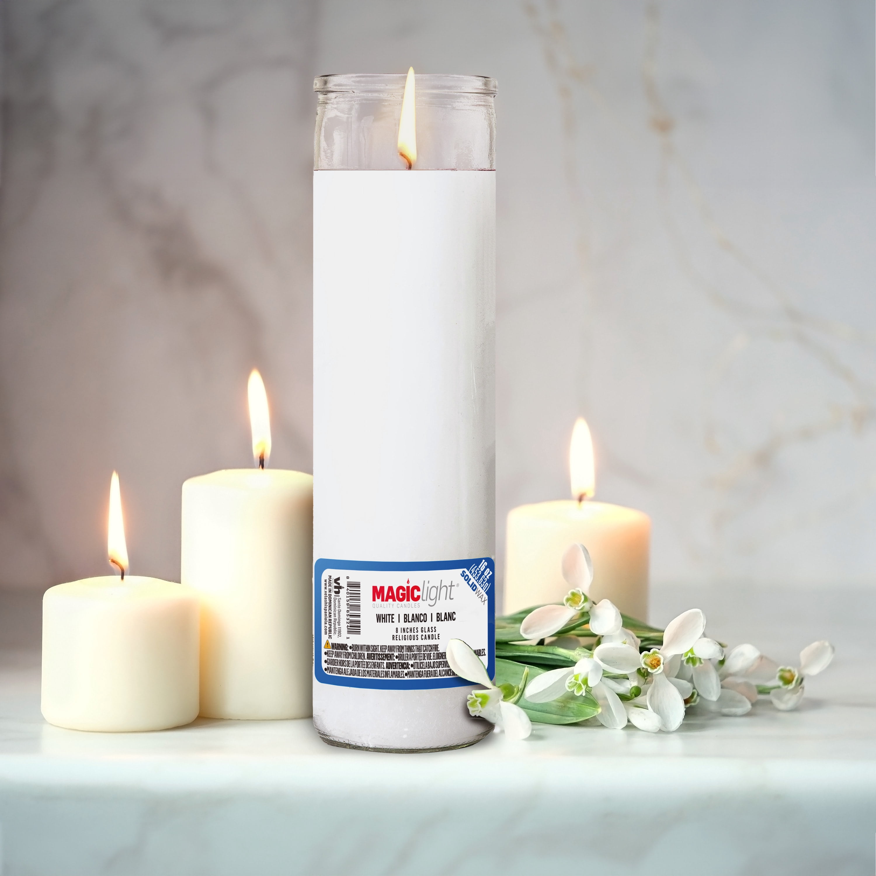 MagicLight Religious Candles 16 oz - Clear Glass Jar, Unscented White Wax