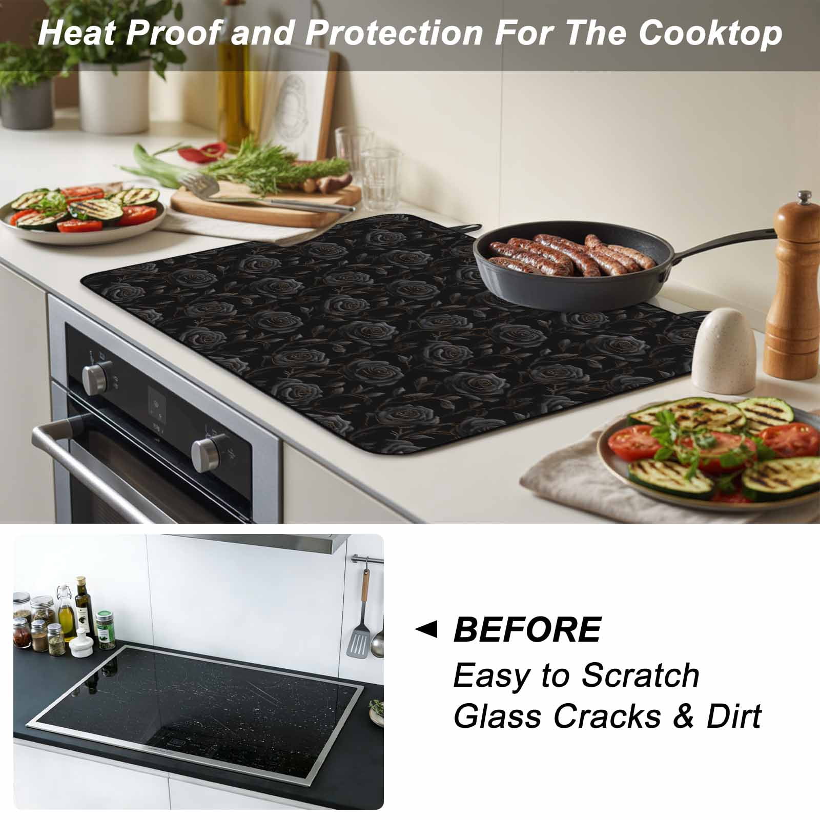 Black Flower, Stove Top Cover for Electric Stove, Heat-proof & Non Slip Glass Top Stove Cover Protector, Abstract Vintage Botanical Floral Plant Kitchen Flat Cooktop Rubber Mat 24x21 Inches