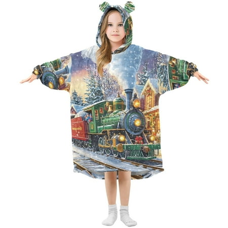 

joogoo Wearable Blanket Hoodie for Kids Train in Winter Christmas Flannel Oversized Sweatshirt 3-14 Years S