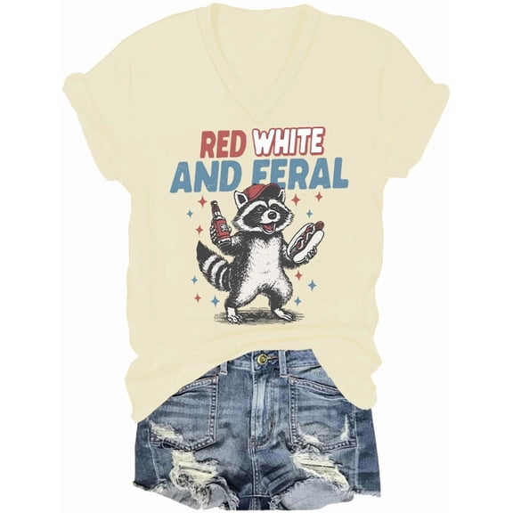 Red White And Feral Shirt 4th Of July Shirts For Women Man Raccoon Independence Day V Neck Tshirt