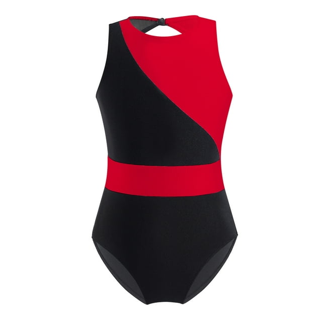YUUMIN Justaucorps de Danse Ballet pour Filles Sans Manches en Maille à Empiècements Ajourés Justaucorps Unitards Combinaison de Gymnastique Tenue de Sport Rouge&Noir 12