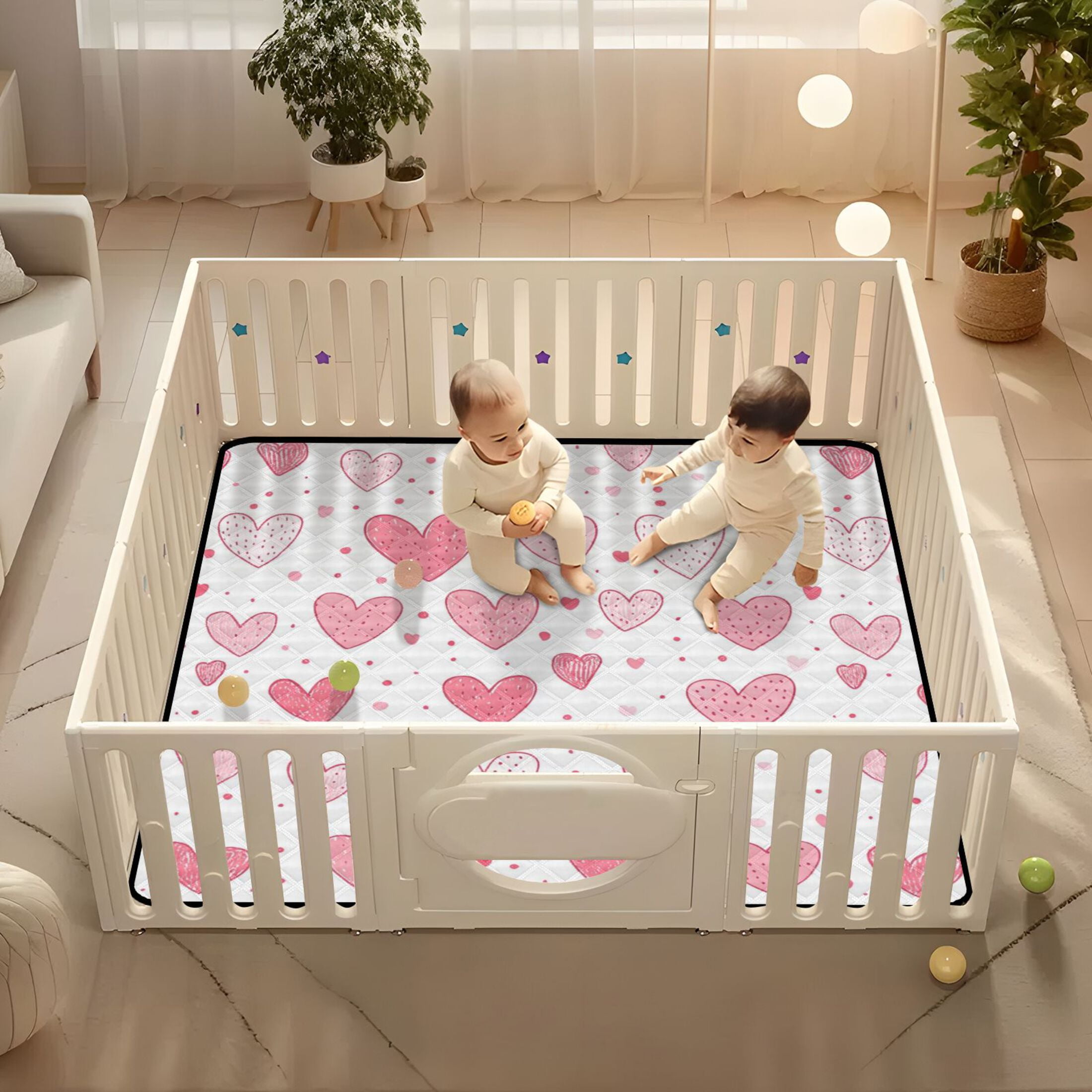 WOBOGO Valentine Day Pink Hearts Pattern Baby Playmats Extra Large Waterproof Rollable Activity Pads for Toddlers 50×50inch