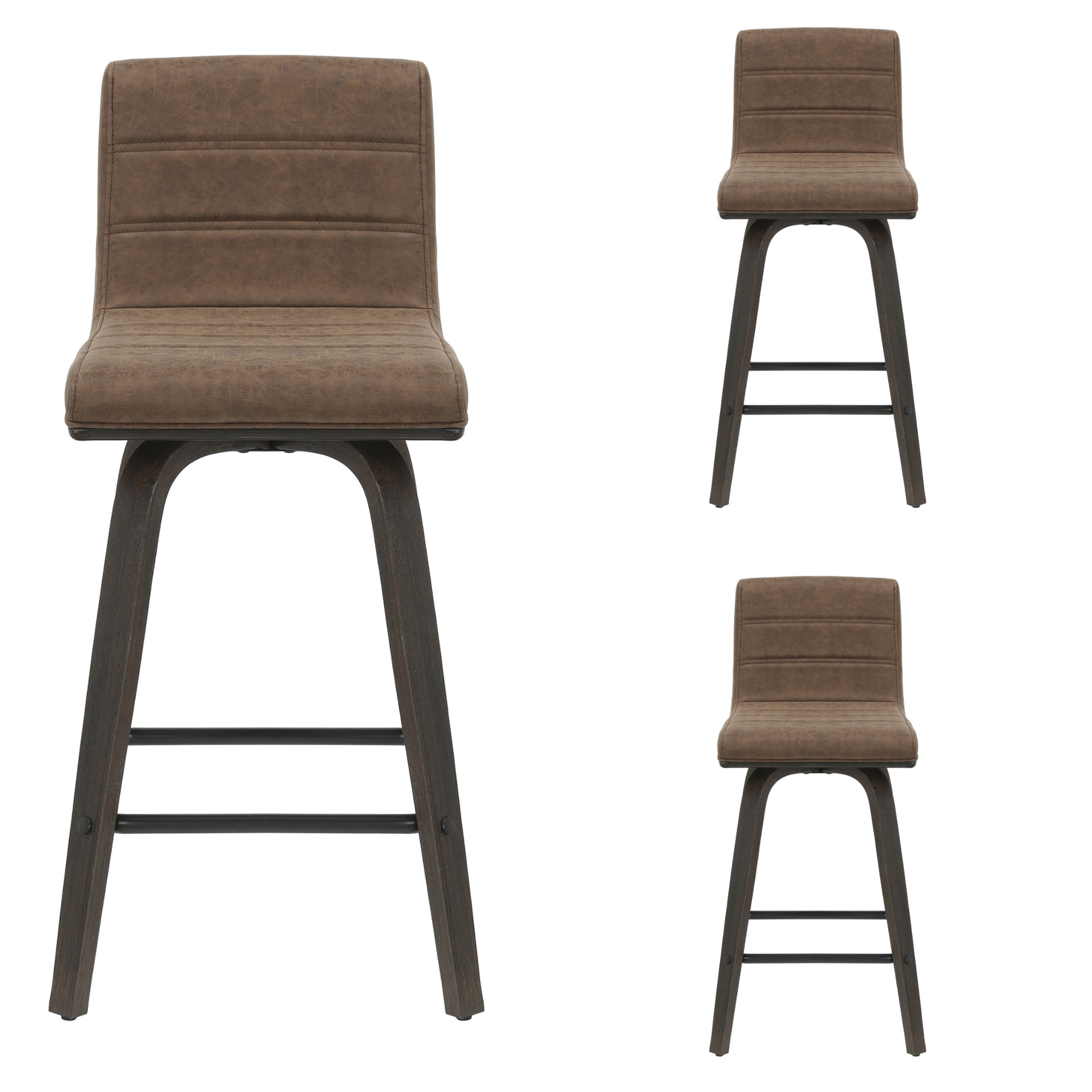 Vienna 35.5 in. H Swivel Counter Height Vintage Dark Brown Square Back Wood Bar Stool with Faux Leather Seat Set of 3