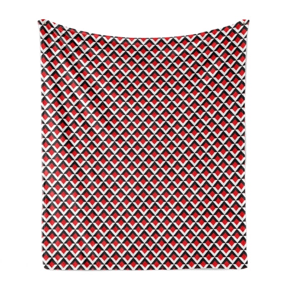 Geometric Soft Flannel Fleece Throw Blanket, Abstract Relief Pattern Vibrant Colored Checkered Mosaic Grid Print, Cozy Plush for Indoor and Outdoor Use, 70" x 90", Vermilion Black White, by Ambesonne