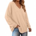 thumbnail image 2 of Tqcoqu Women's Ribbed V‑Neck Sweatshirt, Loose Long Sleeve Knit‑Like Pullover Casual Loungewear Top, 2 of 10