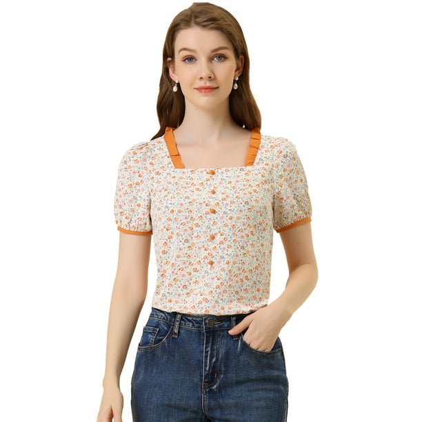 Blusa Campesina Allegra K Cuello Cuadrado Encaje Floral Albaricoque L