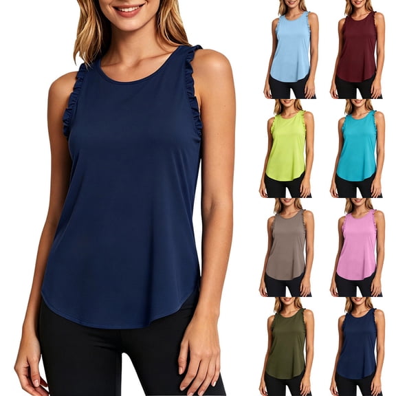 cocolona Womens Summer Workout Tank Tops Outdoor Running Lightweight Ruffle Sleeveless Tee Shirts Crew Neck Solid Color Pullover Blouses