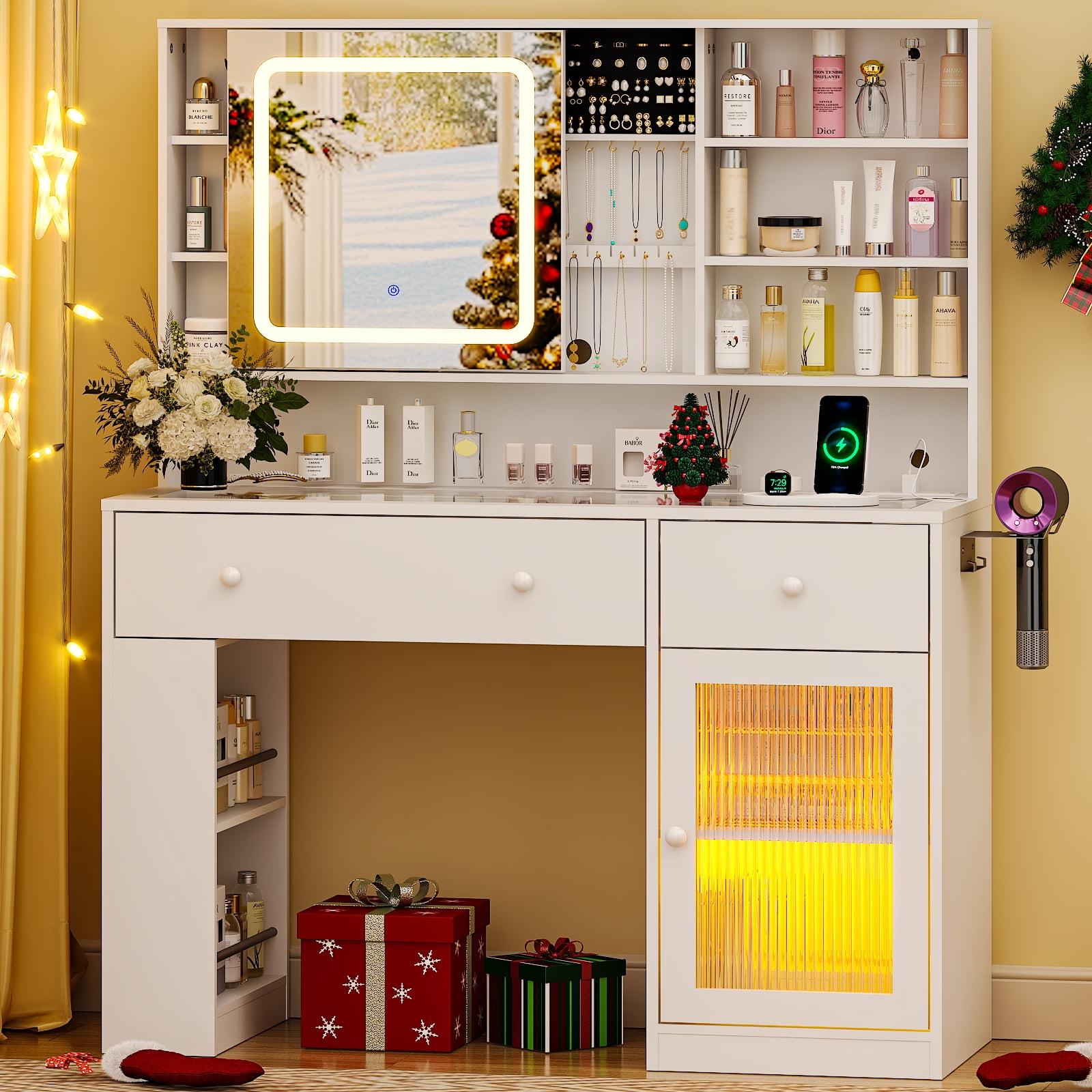 Ktaxon Makeup Vanity with Lighted Mirror,  Vanity Table Set w/ Charging Station, Side Rack, White