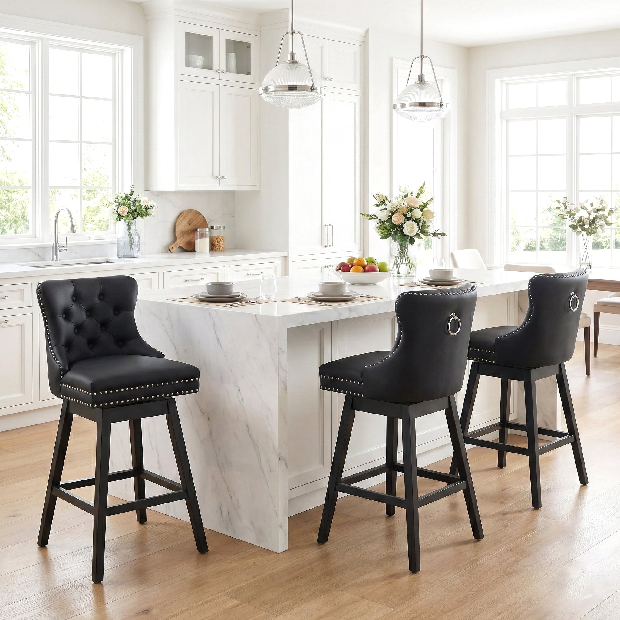 Fahomiss Swivel Bar Stools Counter Height Set of 3, 26" Faux Leather Kitchen Island Stools with Back, Black
