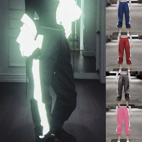 PXLKNZH Women's Workout Pants Trendy Hip-Hop Reflective Stitching Baggy Casual Pants Elastic Waisted Y2k Streetwear Trousers Black,L