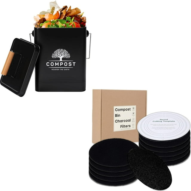 Kitchen Compost Bin with Charcoal Filters, 1.7 Gallon Countertop Compost Bin with 12 Pack Filter Replacement for Compost Bucket, Indoor Compost Bin