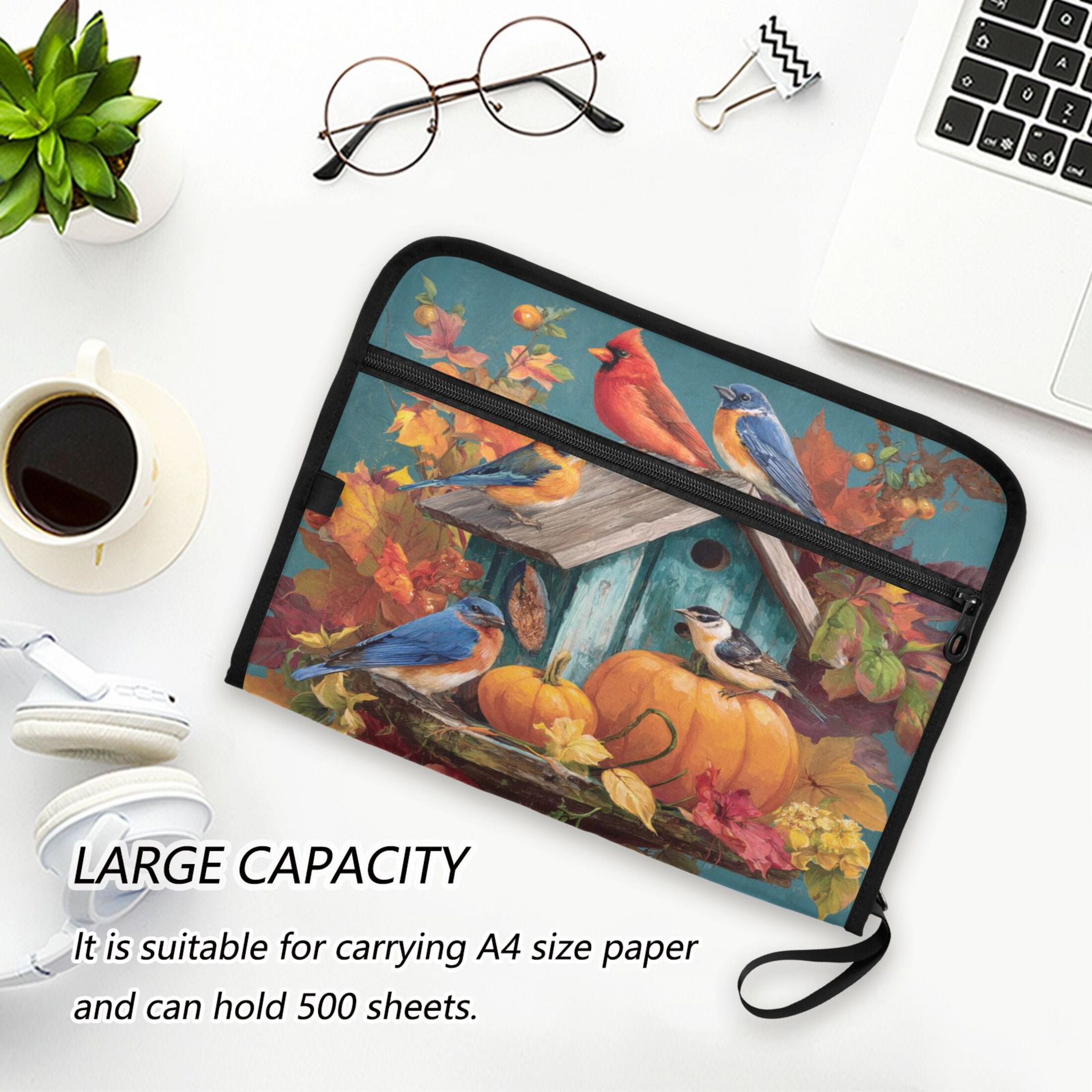 Accordion File Organizer with Zip Closure 13 Pockets Expanding File Folder Letter A4 Paper Document Organizer for Home Office Birdhouse and Colorful Birds